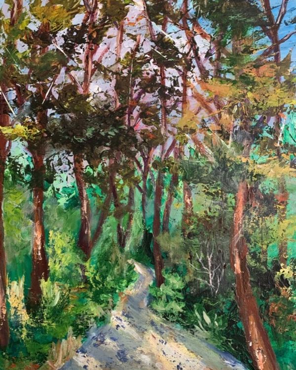 Impressionistic painting of a forest path through tall green trees